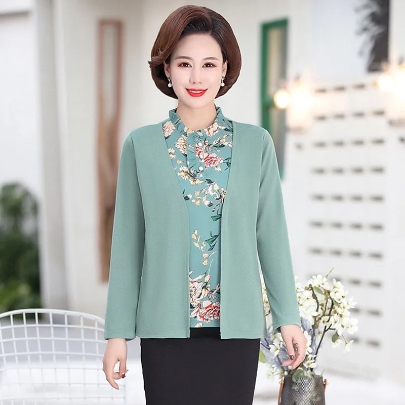 Women Blouse And Tops 2022 Spring Long Sleeve Fake Two Pieces Shirts Large Size Middle Age Old Female Print Elegant 2PCS Set W19