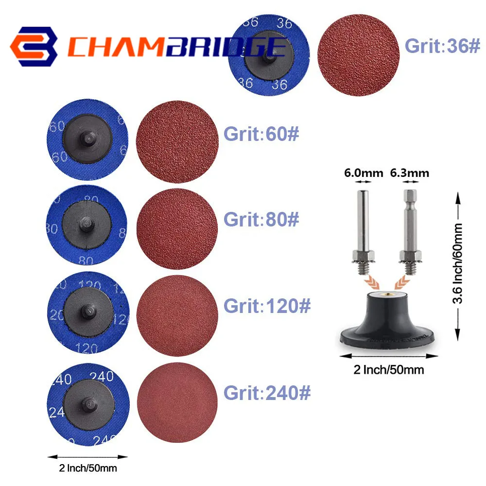 50Mm R-type Cakram Perubahan Cepat Set 2 Inci Cakram Pengamplasan Zirkonia dengan 1/4 "Pemegang untuk Penggiling Mati Aksesori Penghilang Cat Karat