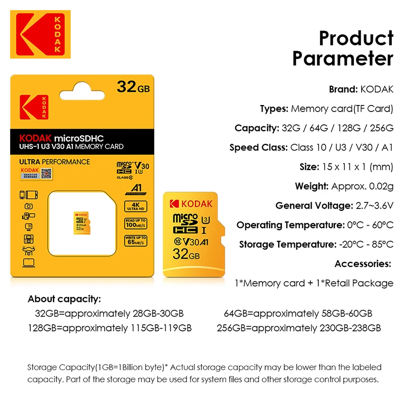 Kodak Memory Card High Speed 100MB/s 32GB Class 10 UHS-I 64GB 128GB 256G Micro SD Card V30 U3 TF Card for Camera Smartphone Game