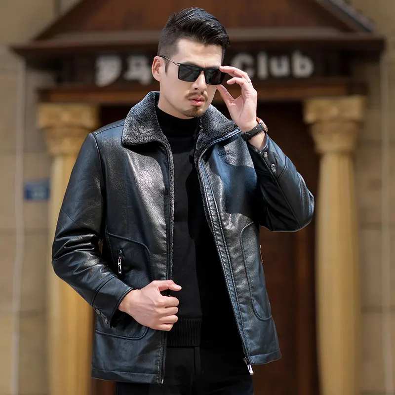 Winter Long Black Fleece Parka Coat Men Leather Jacket Overcoat Plus Velvet Warm Fur Collar PU Business Outwear Windbreaker