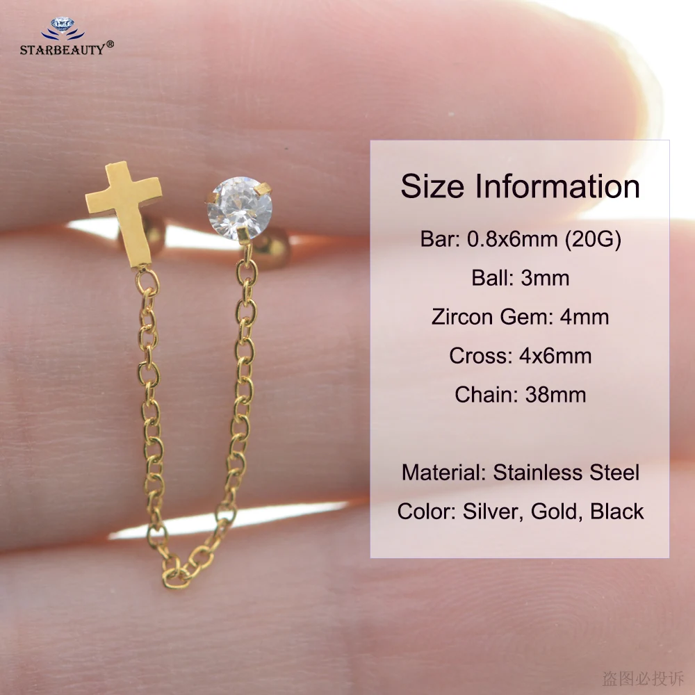 0.8*6mm Thin Cross Tassel Earrings for Women Ear Piercing Chain Cartilage Piercing Helix Piercing Tragus Earring Studs Crystal
