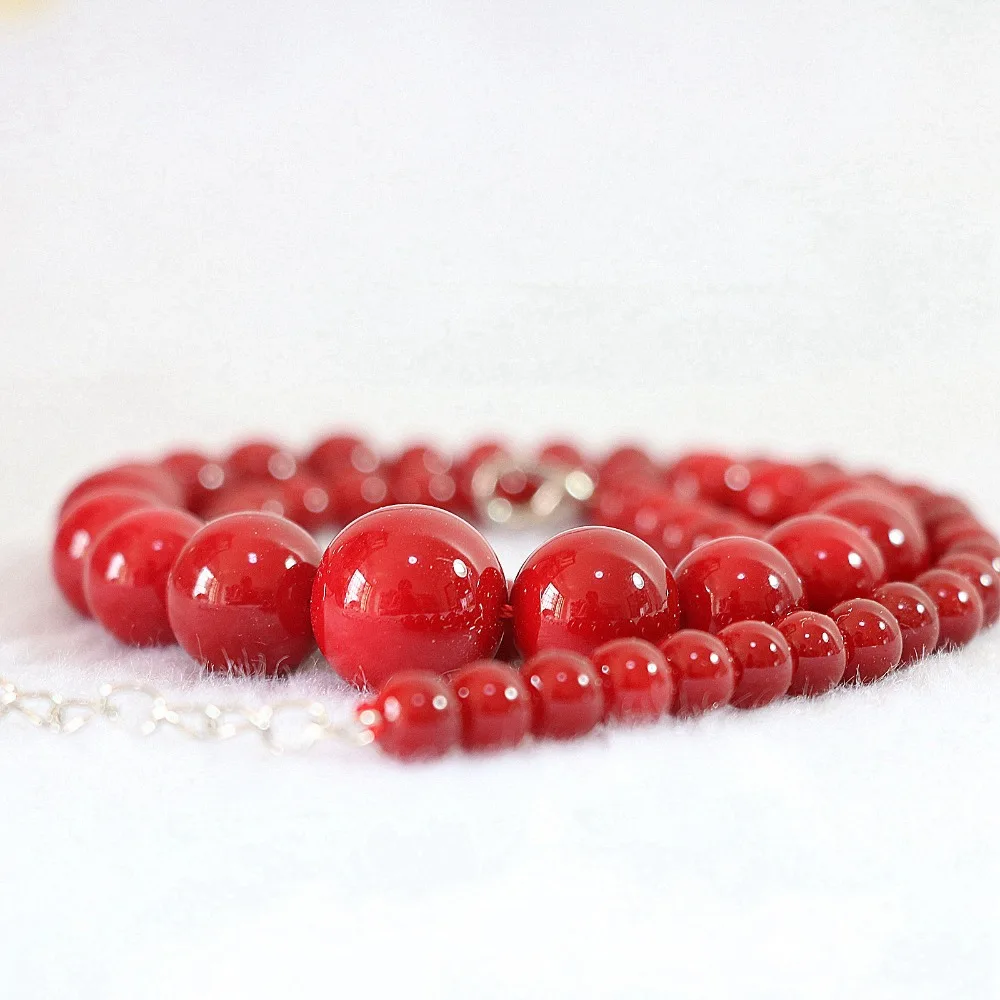 Fashion artificial red coral 6-14mm round beads necklace charms women elegant gifts chains rope jewelry diy 18inch B666