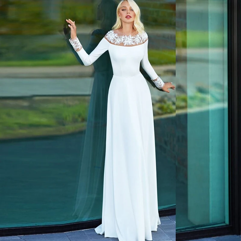 

Elegant Long Sleeve O-Neck Wedding Dresses Appliques Satin White Bridal Dresses A Line Floor Length Bridal Gowns