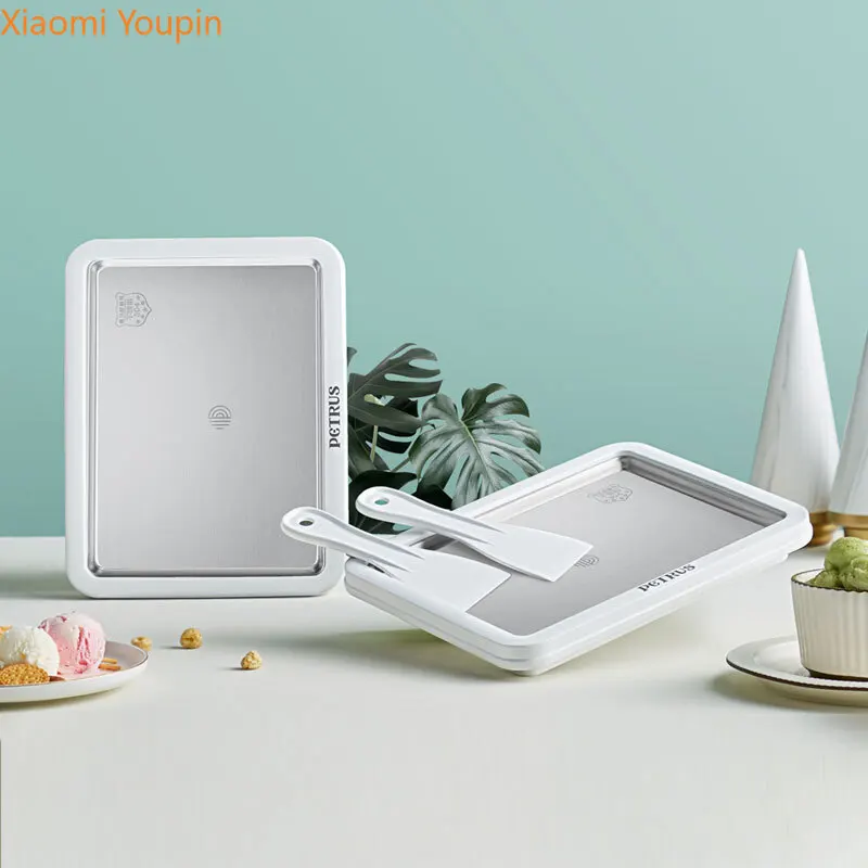 YOUPIN-304 Aço inoxidável Mini máquina de gelo frito, Cream Maker, Saftable sem plug-in iogurte, 2pcs pá