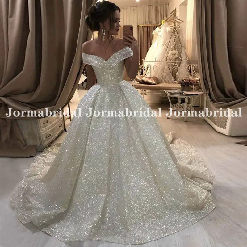 Angepasst Glänzende Ballkleid Hochzeit Kleid Korsett Off Schulter Glitter Tüll Lange Kapelle Zug Brautkleider Vestidos De Novia