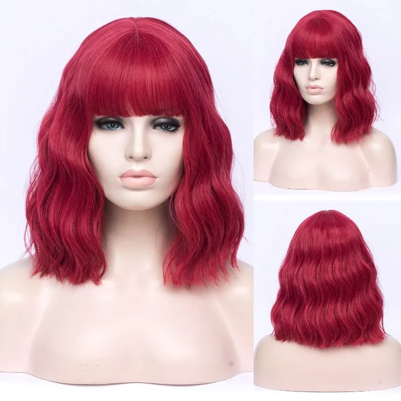 MSIWIGS-pelucas de Cosplay onduladas para mujer, pelo corto Bob sintético, color morado, rojo, verde, marrón, azul y negro con flequillo