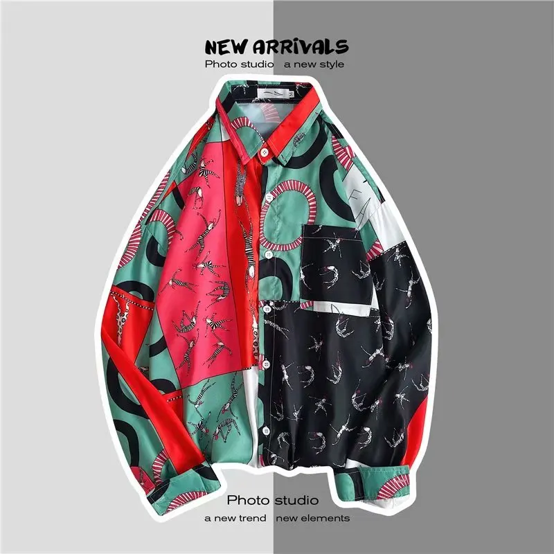 Hip Hop Dye Snap Button Long Sleeve Shirts Men Fashion Casual Streetwear Shirt Coats Male Hipster Shirts Tops Colorful