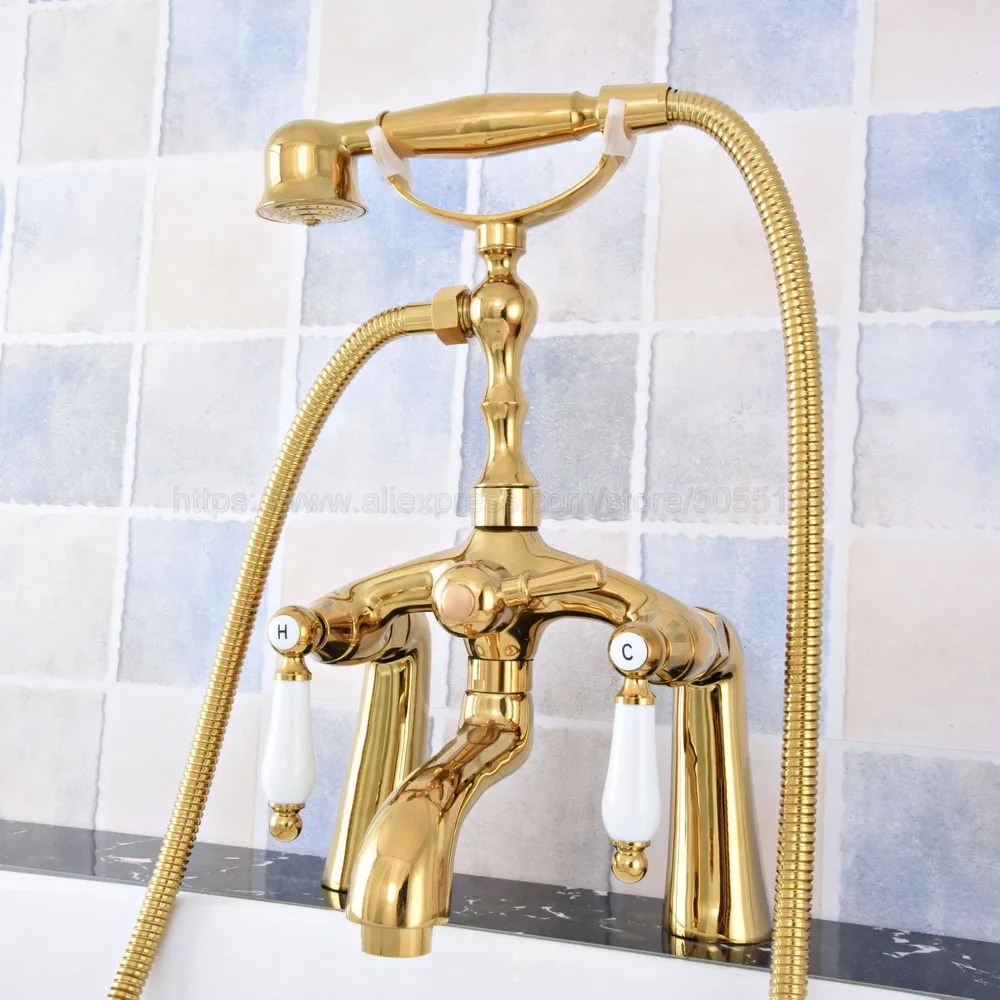 

Golden Deck Mounted Telephone Shape Spout Bathtub Mixer Tap Dual Ceramic Handles with hand shower faucets ztf790