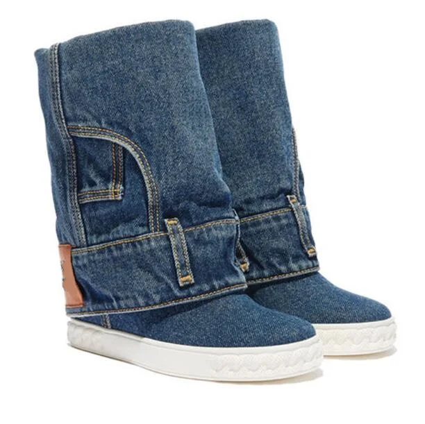 

Popualr Style Girls Jeans 8 cm Hidden Wedge Platform Modern Boots Woman Casual Round Toe Slip On Mid-calf Boots Winter Shoes