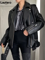 Lautaro Herbst Frauen Leder Motorrad Biker Jacke Zipper Langarm Lose Rot Schwarz Weiche Faux Leder Jacke für Frauen 2021