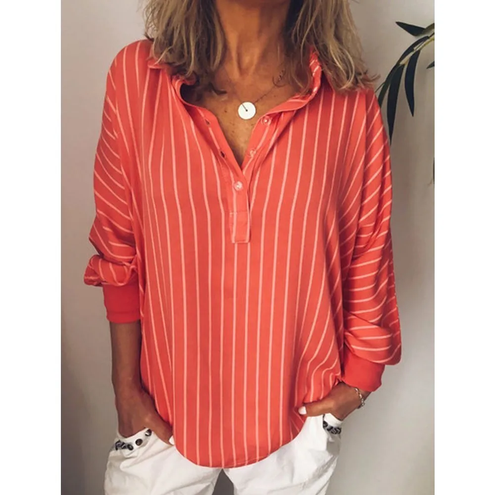 Donna di modo di estate camicette stripe Allentato Casual A Righe Button Risvolto Camicia A Maniche Lunghe ragazza Top button Camicetta