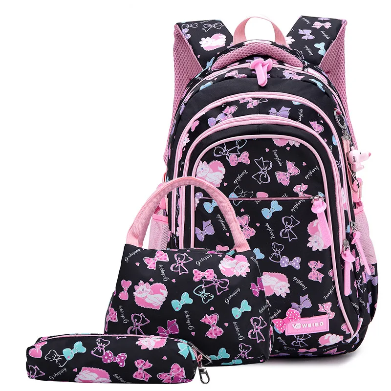 3pcs/set bow print school bags for teen girls Primary waterproof nylon schoolbags Kids Princess Backpack mochila escolar