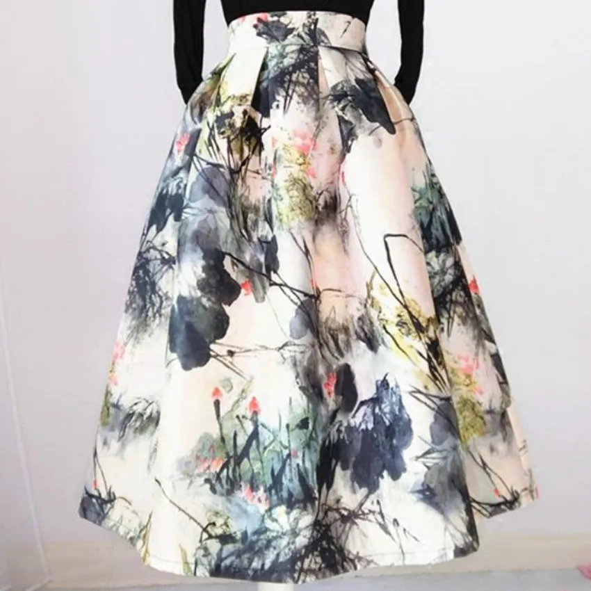

2022 spring autumn vintafe printed umbrella skirt women pocket mid-length high-waist ball gown skirt
