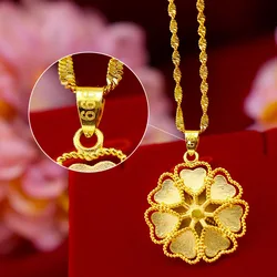 Yellow Gold Flower Pendant Necklace for Women Wedding Engagement 999 Jewelry Clavicle Chain Choker Girlfriend Birthday Gifts