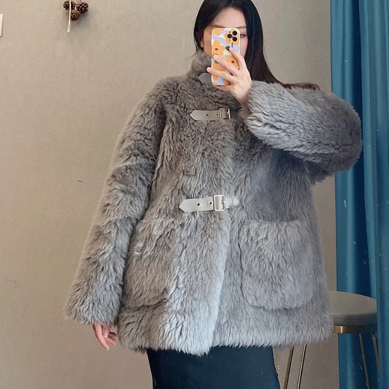 Natural Wool Coat Women Winter Warm Stand Collar Long Sleeve Fashion Luxury Office Ladies Elegant Real Sheep Fur Jacket Overcoat