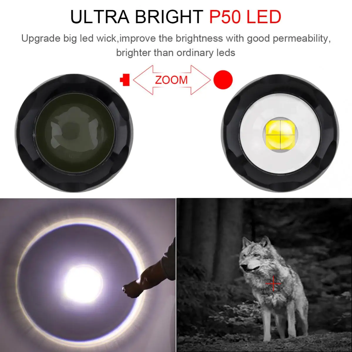 مقاوم للماء قوية P50 LED USB قابلة للشحن صغيرة في الهواء الطلق الصيد مصباح يدوي زوومابلي مقاوم للماء 5-وسائط