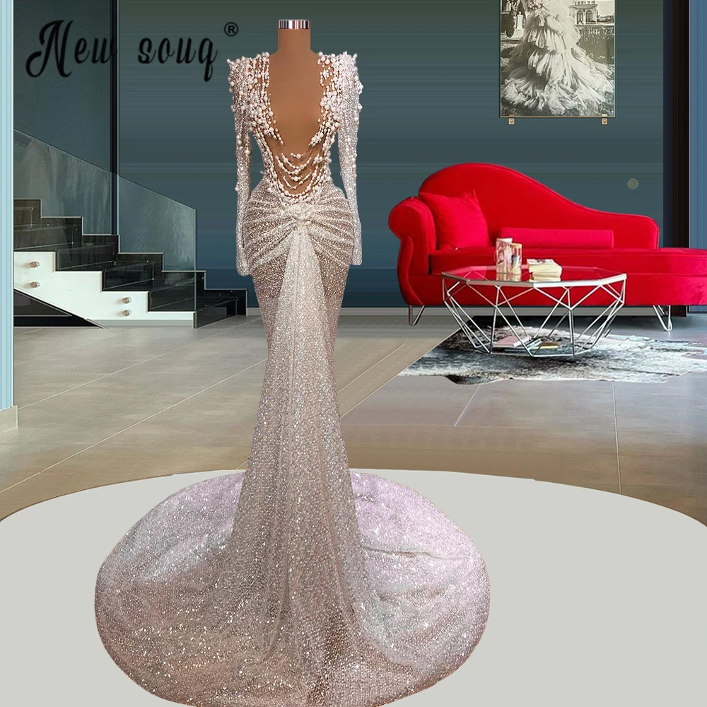 Sexy Illusion Mermaid Evening Dresses for New Year Pearls Beaded Dubai Arabic Long Prom Gowns robe de soiree Wedding Gowns