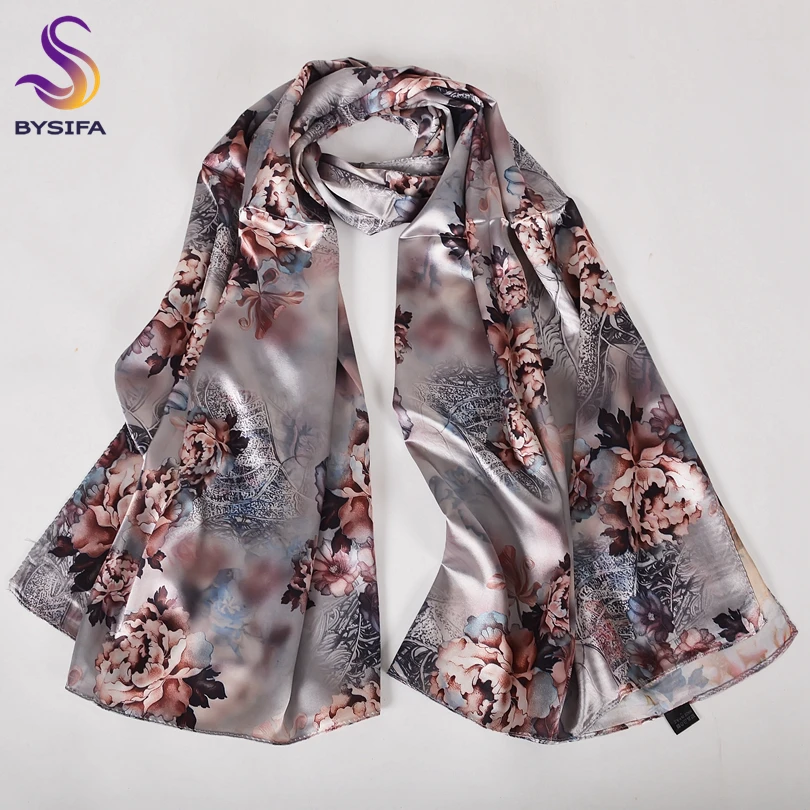 [BYSIFA] Grey Pink Peony Women Satin Long Silk Scarf Shawl Chinese Style Scarves Printed Fall Winter Female Head Scarf 160*70cm