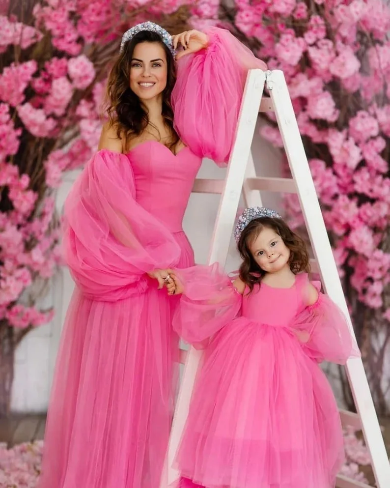 Dreamy Mommy and Me Matching Dresses Pink Tulle Mom and Kids Party Dress for Birthday Mother Daughter Prom Gown Evening Dress