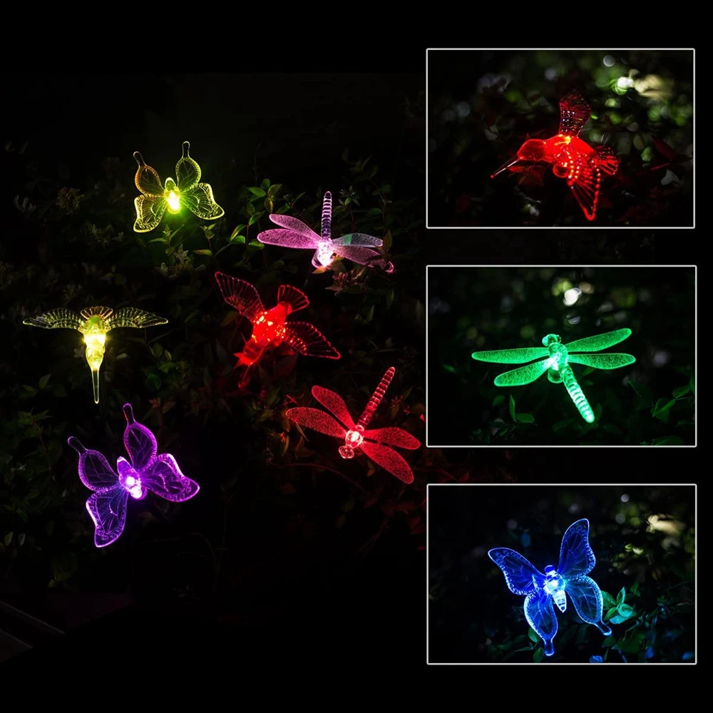 6PCS Solar Butterfly Dragonfly Hummingbird Garden Light Outdoor Solar Stake Light Color Changing Solar Landscape Lawn Yard Light
