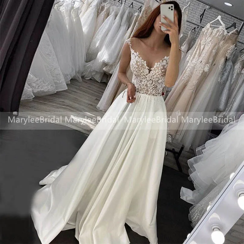 MaryLeeBridal Cap Sleeves Wedding Dress Bohemian Scoop Neck A-line Nude Tulle Appliques Women Transparent Bridal Dresses Custom