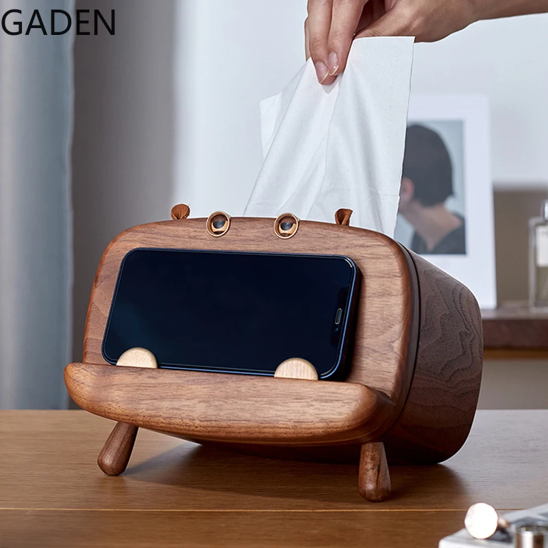 Creative Solid Wood Living Room Desktop Light Luxury Pumping Box Mobile Phone Holder Tissue Box Decoration Home Decoration