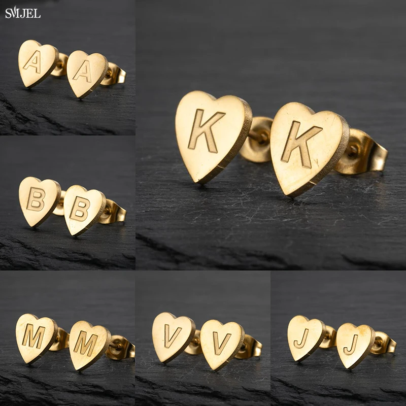 Pendientes con iniciales de A-Z de acero inoxidable 100% para mujeres y niñas, pendientes con tuerca de corazón y nombre de letra personalizada,