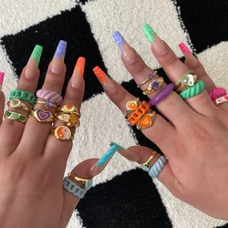 Enamel Colorful Tai Chi Gossip Rings Candy Color Metal Heart For Women Vintage Drip Oil Rings Finger Jewelry 2024 INS Fashion