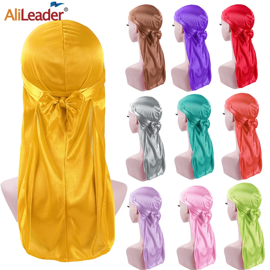 1 pezzo Silky Durag con coda lunga di seta Doo Rags per uomo Satin Durag Waves Turban Hat uomo bandane nere coda Extra lunga Du-Rags