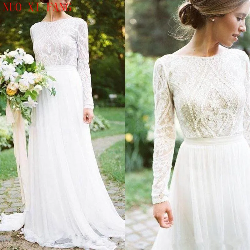 2020 einfache Backless Boho Spitze Hochzeit Kleider Langarm Weiß Chiffon Braut Kleid EINE Linie Strand Hochzeit Kleid Vestido De noiva