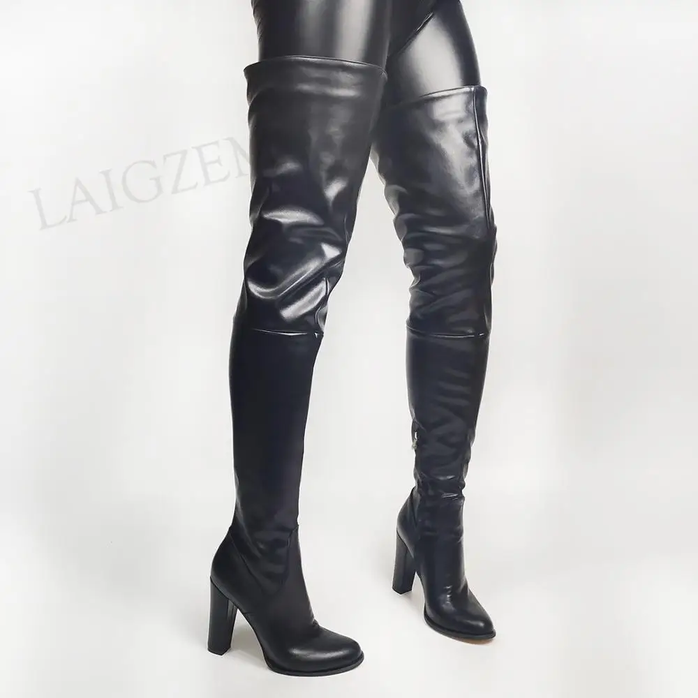 LAIGZEM, botas altas hasta el muslo para mujer, botas por encima de la rodilla de tacón alto con bloque grueso, zapatos de mujer con cremallera lateral, Zapato de mujer talla grande 43 44 46 52