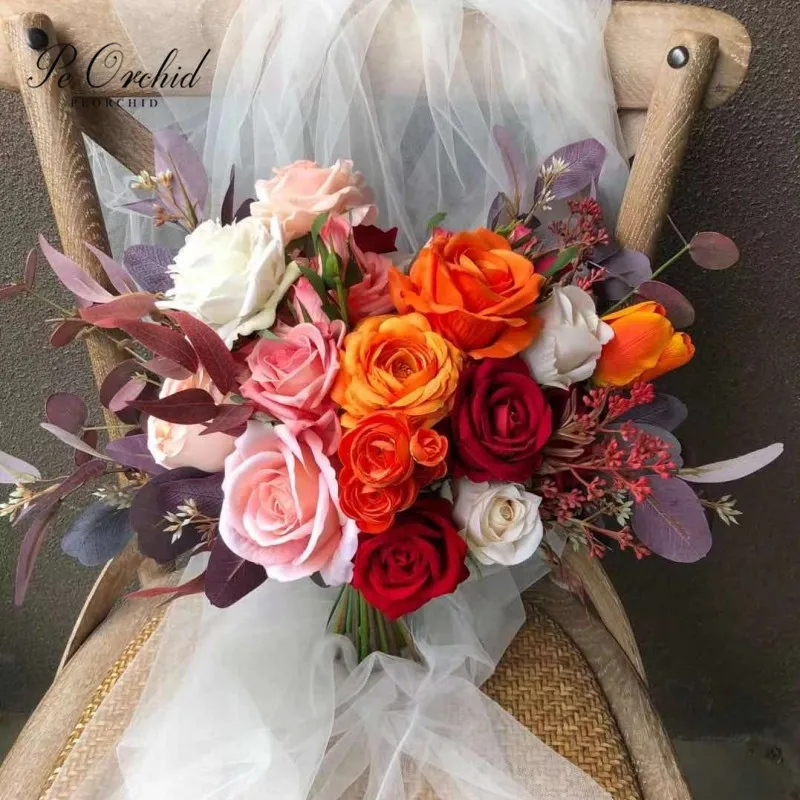 PEORCHID Customized Red&Orange Wedding Bouquet Bridal Rose Artificielle Bridesmaid Hand Flowers Luxurious Fake Bouquet 2021 New