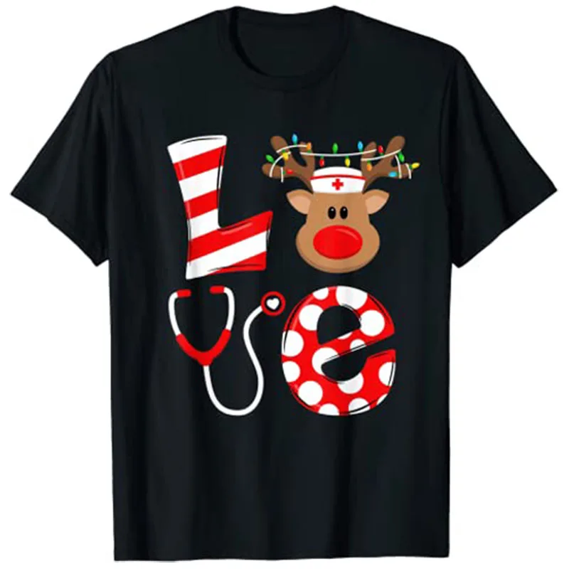 

Christmas Nurse Love NICU RN ER Santa Reindeer Nurse Hat Elf T-Shirt Graphic Tee