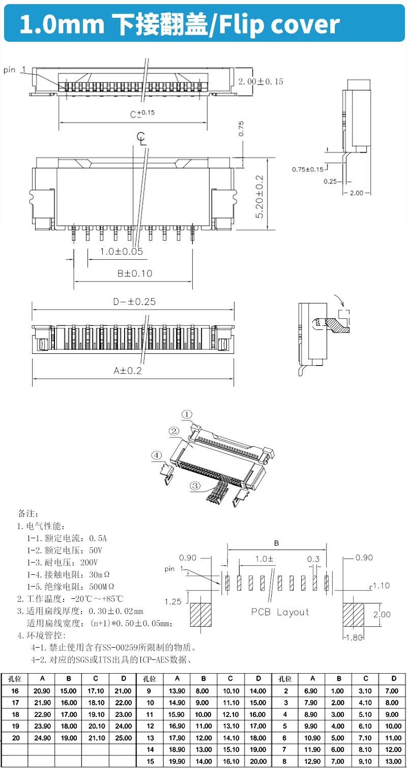 10 Stück 0,5 mm 1 mm Pitch FPC FFC unter Clamshell-Buchse Flachkabelstecker 4P 5P 6P 8P 10P 12P 14P 16P 20P 22P 24P 30P 34P 40P 50 – Detail 3