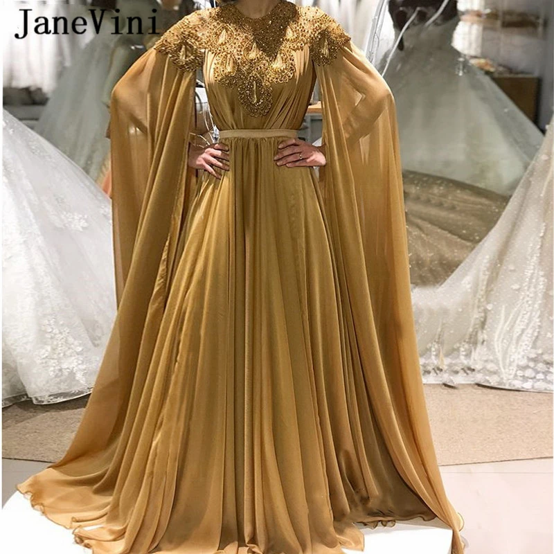 

JaneVini Luxury Golden Muslim Arabic Long Evening Dresses with Detachable Sleeves Shiny Heavy Crystal Chiffon Women Formal Dress