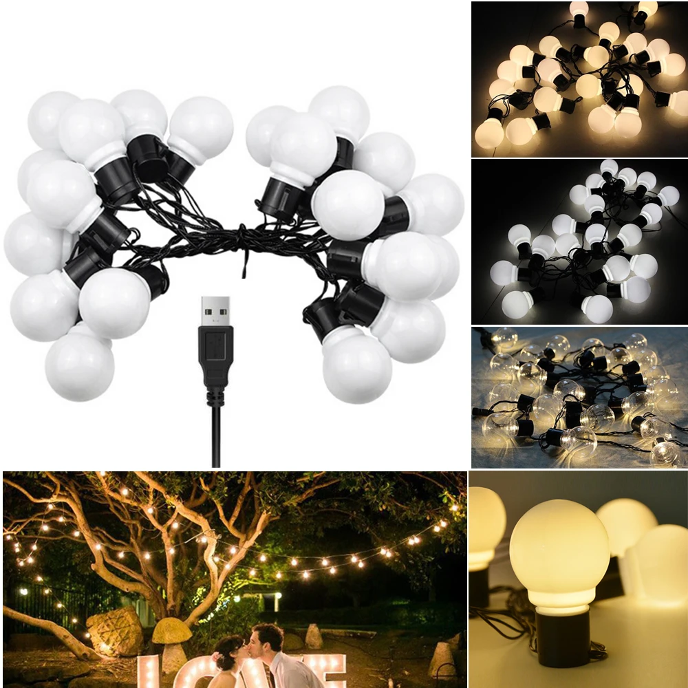 

USB Powered LED Bulb String Light Transparent G50 Bulb Waterproof Outdoor Garland Christmas Party Garden Wedding Decor 5m 20LEDs