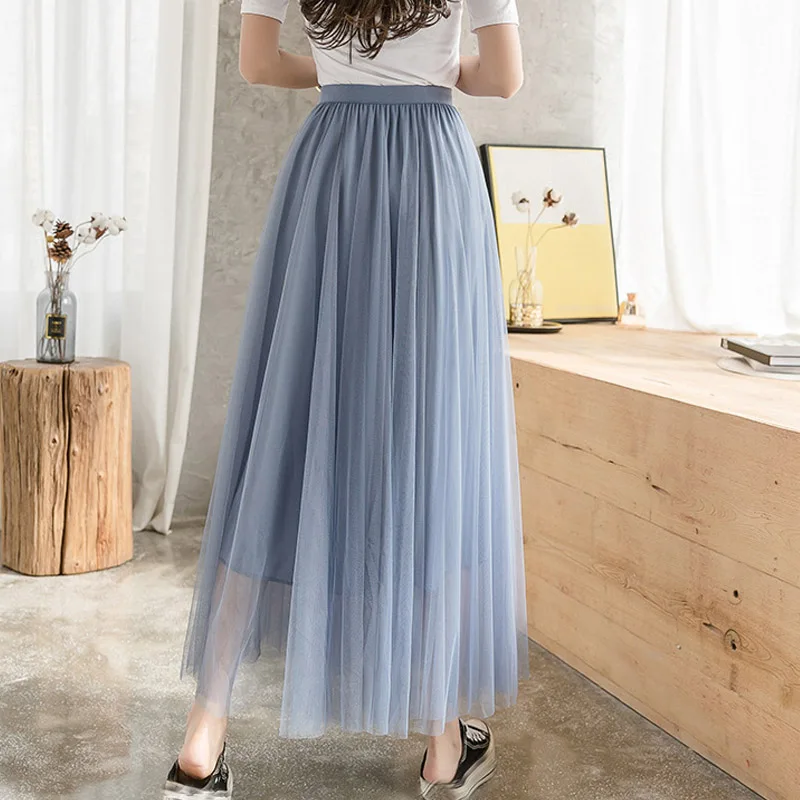 Pink Gray 98cm Long Maxi Ankle Length Tulle Skirt Womens 2022 New Spring Summer High Waist Pleated School Mesh Tutu Skirt Female