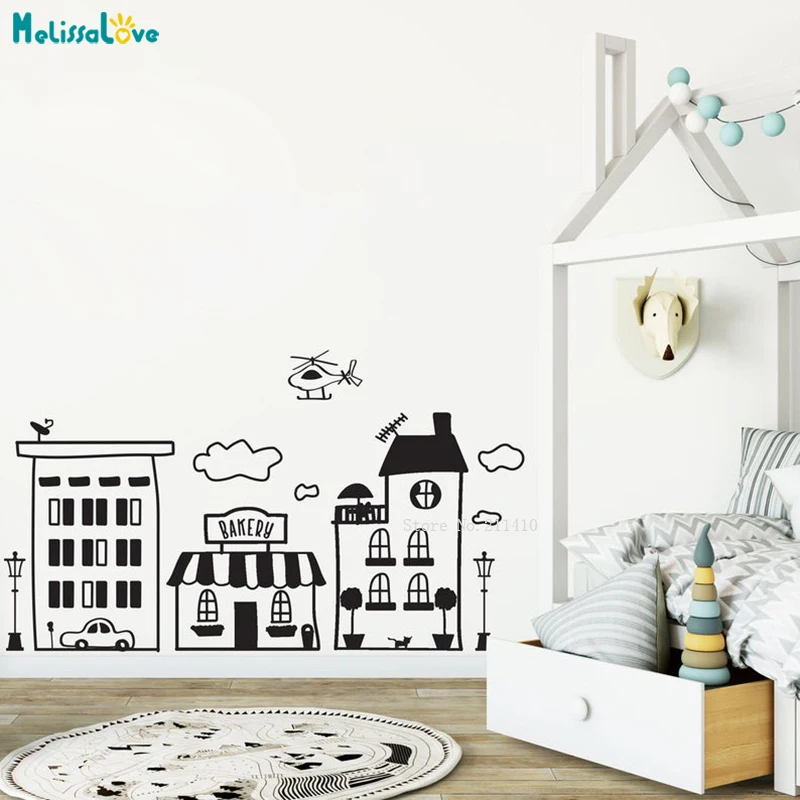 Large Doodled Town Skyline Wall Art Vinyl City Decals for Kid's Play Rooms Day Cares Schools Super Hero Room YT5280