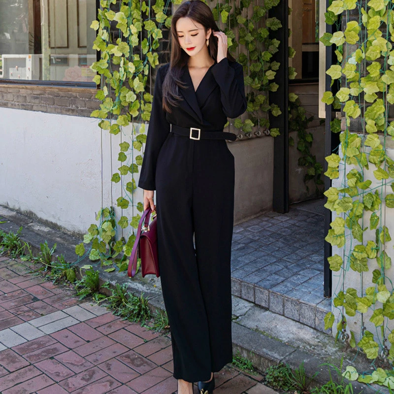 2019 Winter Korean Style OL Solid Color Jumpsuits Women Turn Down Collar Belted Long Romper Formal Work Wear Playsuits Plus Size