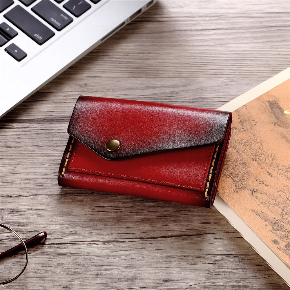 Vintage Handmade Card Package Key Case Vegetable Tanned Leather Coin Purse Black Bag Wallet Hasp Purse for Women Lady Bag