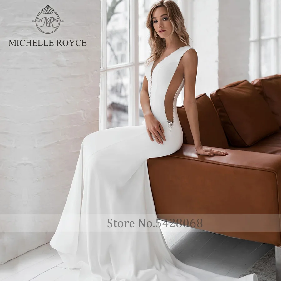 Michelle royce a-ling vestidos de casamento elegante sexy profundo decote em v elegante sem mangas frisado sem costas tribunal trem novia