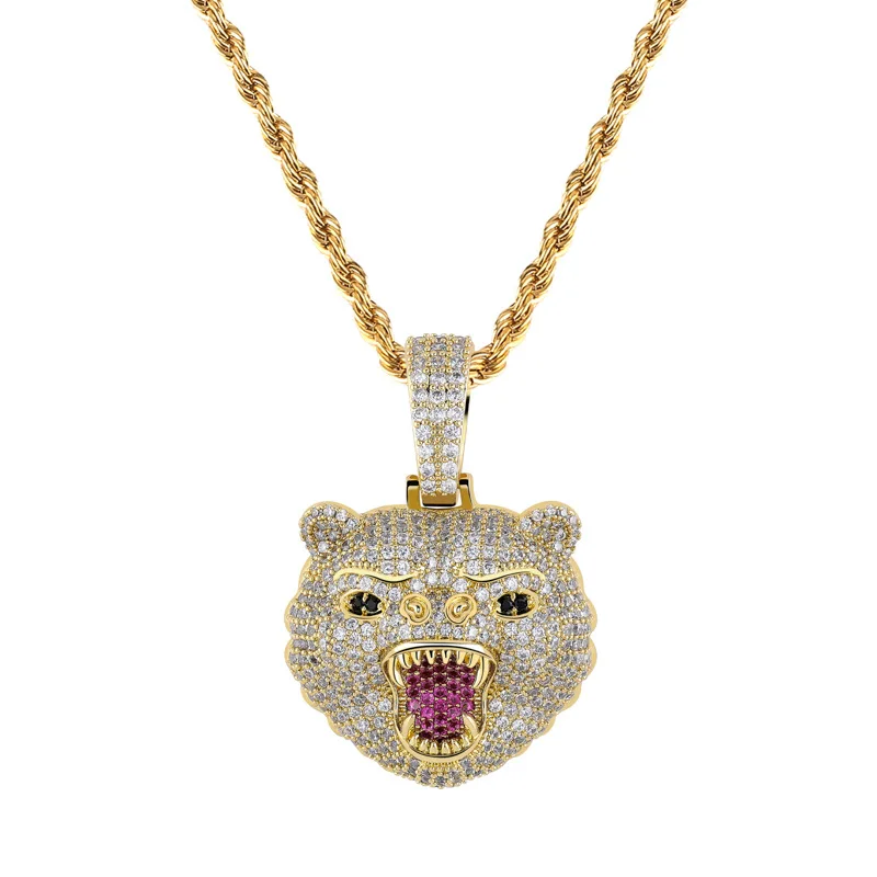 

Micro Pave AAA CZ Stone Bling Iced Out Roaring Bear Animal Pendants Necklace for Men Hip Hop Fashion Rapper Jewelry Gifts