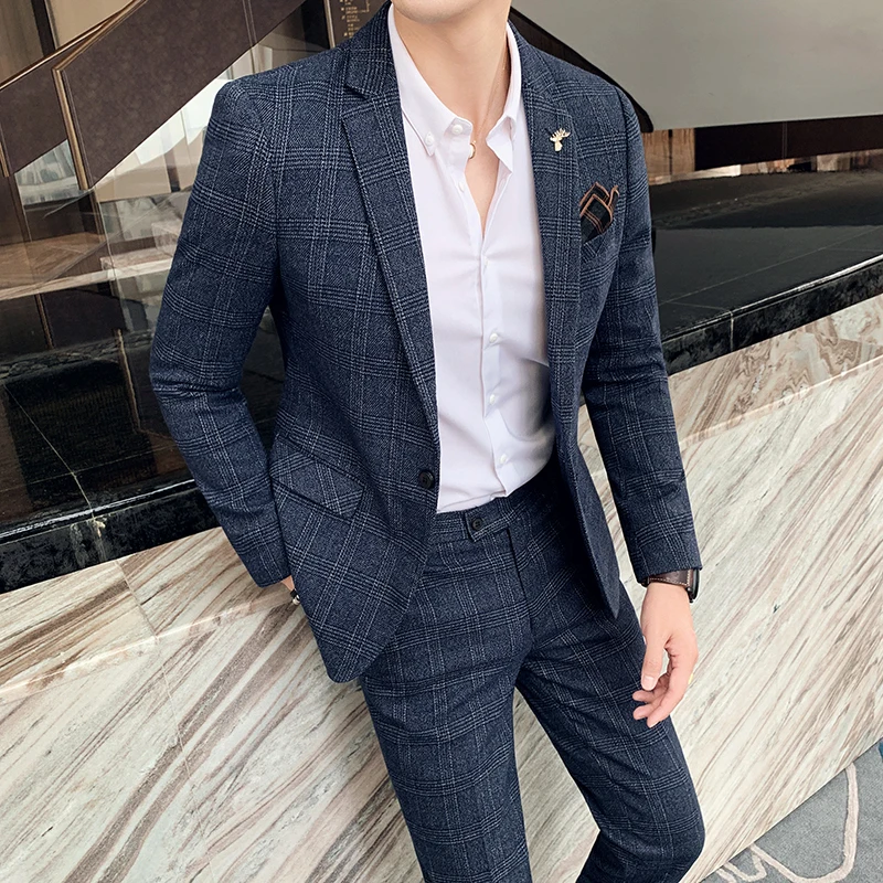 

( Jacket + Pants ) Boutique Fashion Mens Casual Business Suit High-end Social Formal Suit 2 Pcs Set Groom Wedding male S-7XL