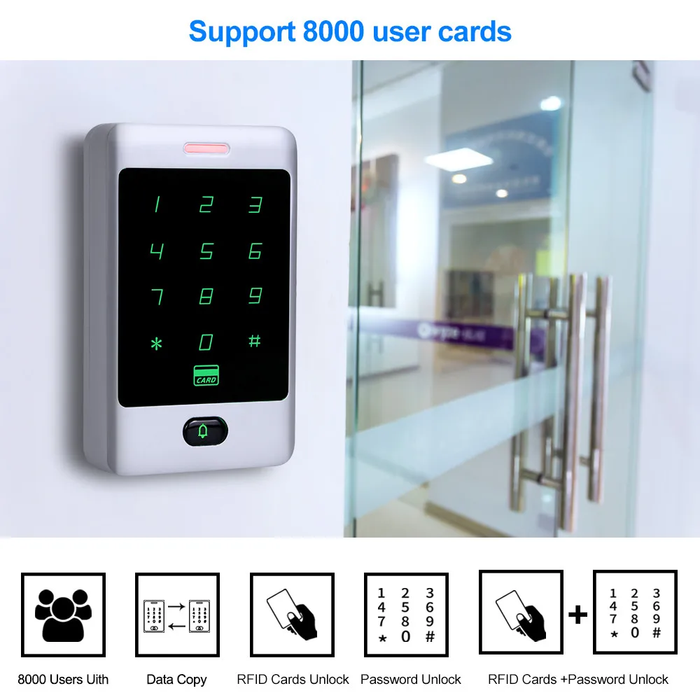 Complete Door Access Control System Kit Metal Touch RFID Keypad Electronic Magnetic Lock Power Supply With 125KHZ Key Cards 8000