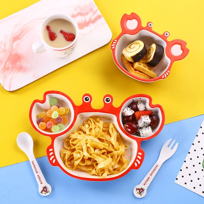 5pcs/Set Baby Feeding Bowl Bamboo Fiber CartoonTableware Children Kids Dinning Dishes Plate With Cup Spoon Fork Dinnerware Set 