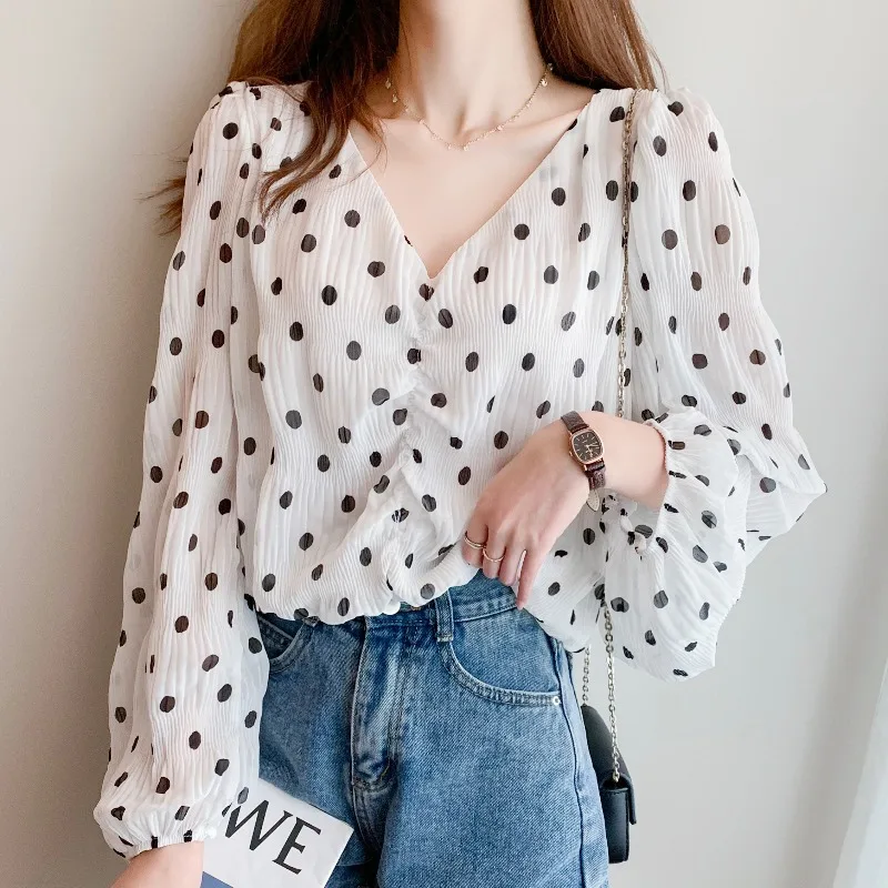 Spring Summer Blouses 2022 New Style Women's Clothing V-neck Polka-dot Nine points Puff sleeve Chiffon Shirts Female Top D1295