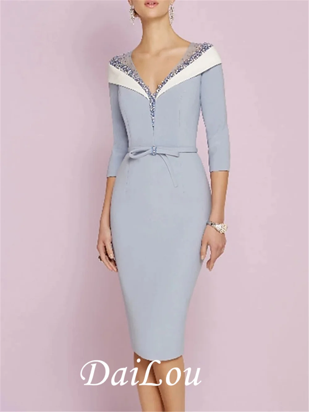 

Платье-футляр для матери невесты, женское привлекательное трикотажное платье до колена с глубоким вырезом, рукавом до локтя и складками, с кристаллами, 2021