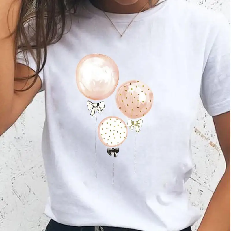 Women T-shirts Balloon Happy Time Female Lady Casual Short Sleeve Shirt T Tee Cartoon Clothes Fashion Graphic Tshirt Top