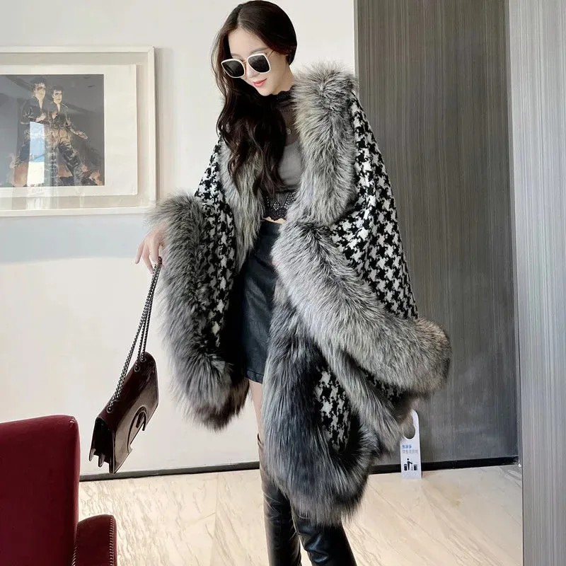 Harajuku Luxury Houndstooth Warm Cloak Coats Women Christmas Winter Fake fur Poncho Korean Plaid Outerwear Fox Fur Shawls Female