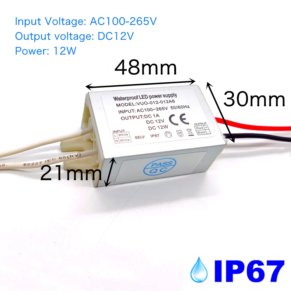 IP67 Waterproof LED Driver 12W 20W 36W LEDs Power Supply 12V Input AC100-265V Power For DC12V Lighting Transformer